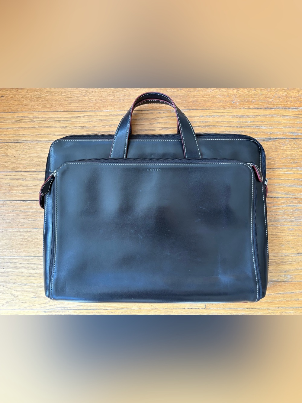 Lodis Black Leather Briefcase with Red Stitching